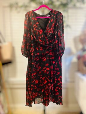 DKNY Black Midi Dress with Red Abstract Print and metallic accents